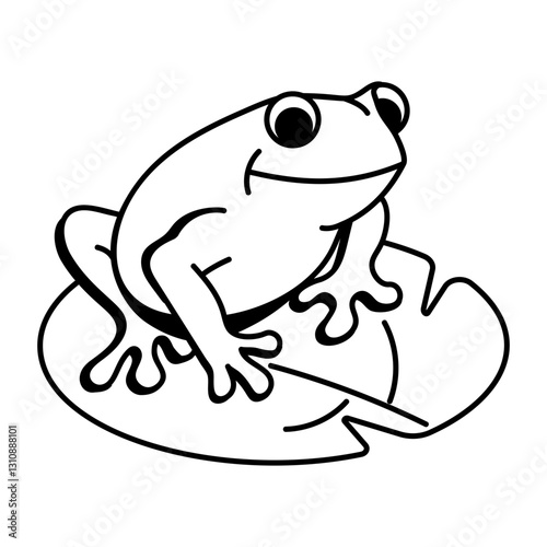 A hand drawn style icon of a frog sitting on a leaf 