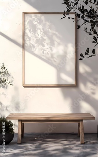 White wall with a blank picture frame, a wooden bench on the ground with plants and decor, in a mockup style, a cozy home interior design of a modern entrance hall, an aesthetic stock photo, high qual