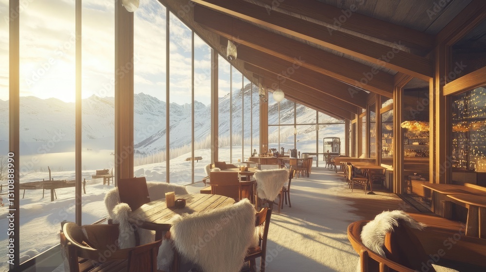 Fototapeta premium Cozy winter caf with wooden tables, fur throws on chairs, and a warm ambiance.