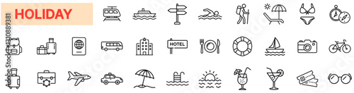 Holiday & Vacation Icons – Travel, Tourism, Summer Relaxation, Adventure