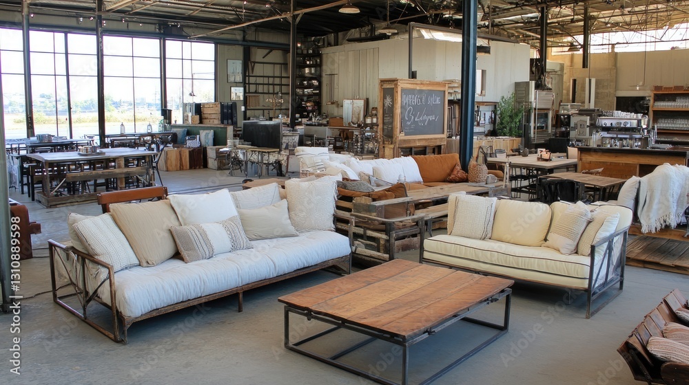 Industrial caf setup with metal-framed low tables and soft fabric chairs. Industrial caf setup with metal-framed low tables and soft fabric chairs.