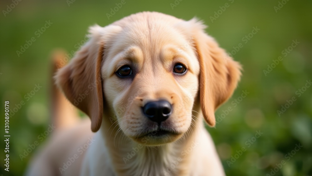 A labrador poodle mix with a blurred face, standing on a grassy field A labrador poodle mix with a blurred face, standing on a grassy field