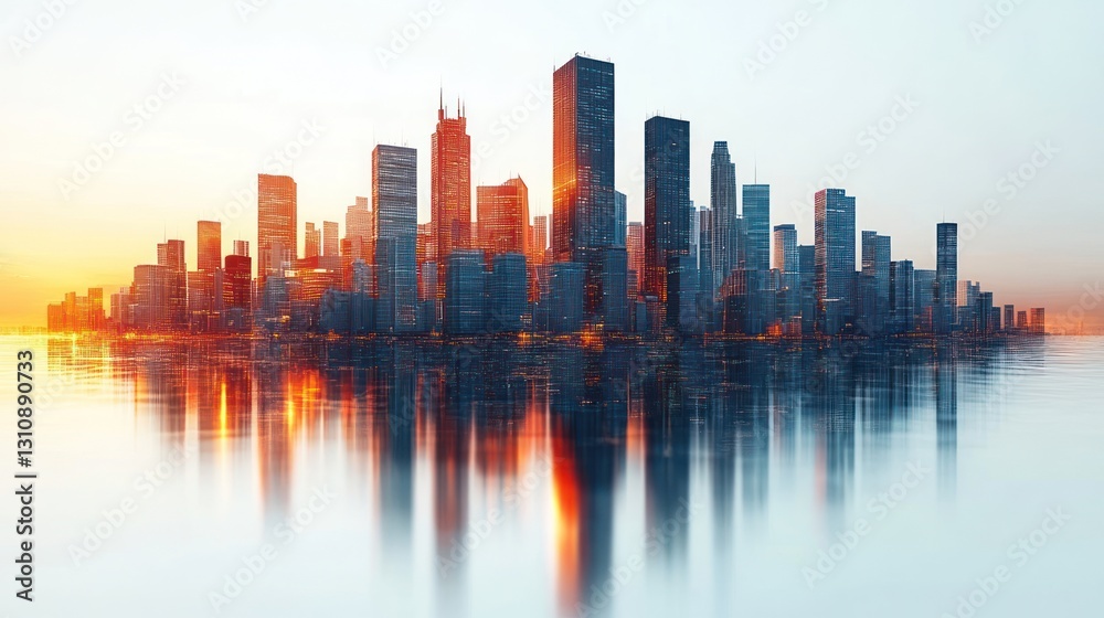 Naklejka premium Cityscape at sunrise, reflecting on water. Modern urban skyline.