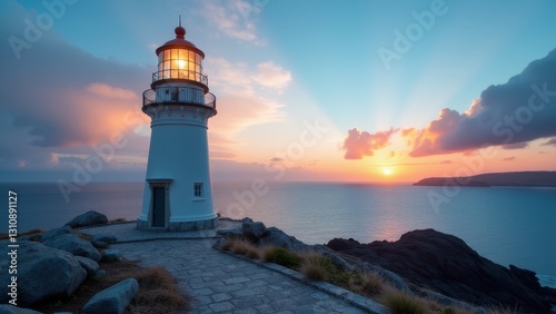 Wallpaper Mural A lighthouse design stands on a rocky cliff overlooking the ocean at sunset, with a glowing light and a scenic view of the horizon. Torontodigital.ca
