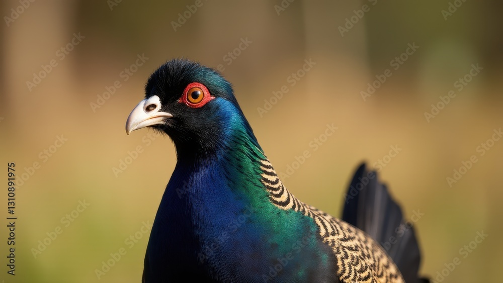 custom made wallpaper toronto digitalA close-up of a melanistic pheasant with vibrant blue and green plumage and a striking red eye ring.
