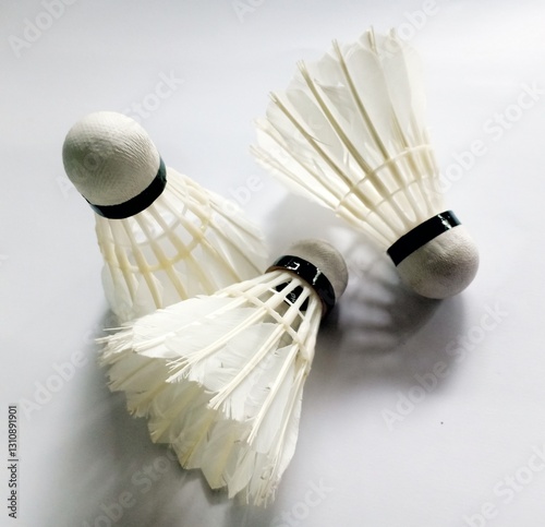 Close up three shuttlecock on the white background.