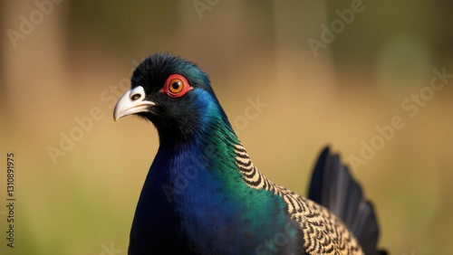 Wallpaper Mural A close-up of a melanistic pheasant with vibrant blue and green plumage and a striking red eye ring. Torontodigital.ca