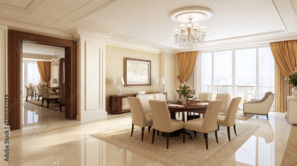 Luxurious, spacious dining room with beige tones, classic design, and high ceilings.