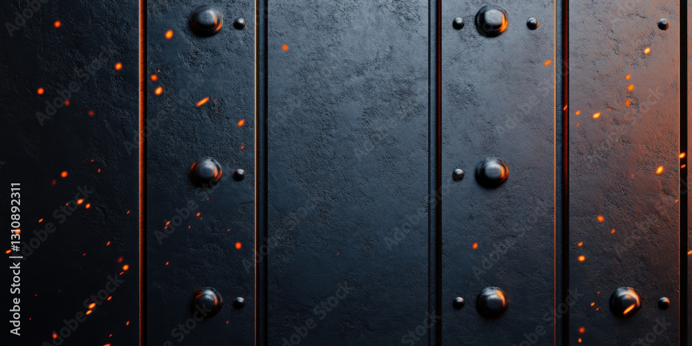 powerful metal wall with rivets and glowing sparks, showcasing strength and durability. texture and details create striking visual impact powerful metal wall with rivets and glowing sparks, showcasing strength and durability. texture and details create striking visual impact