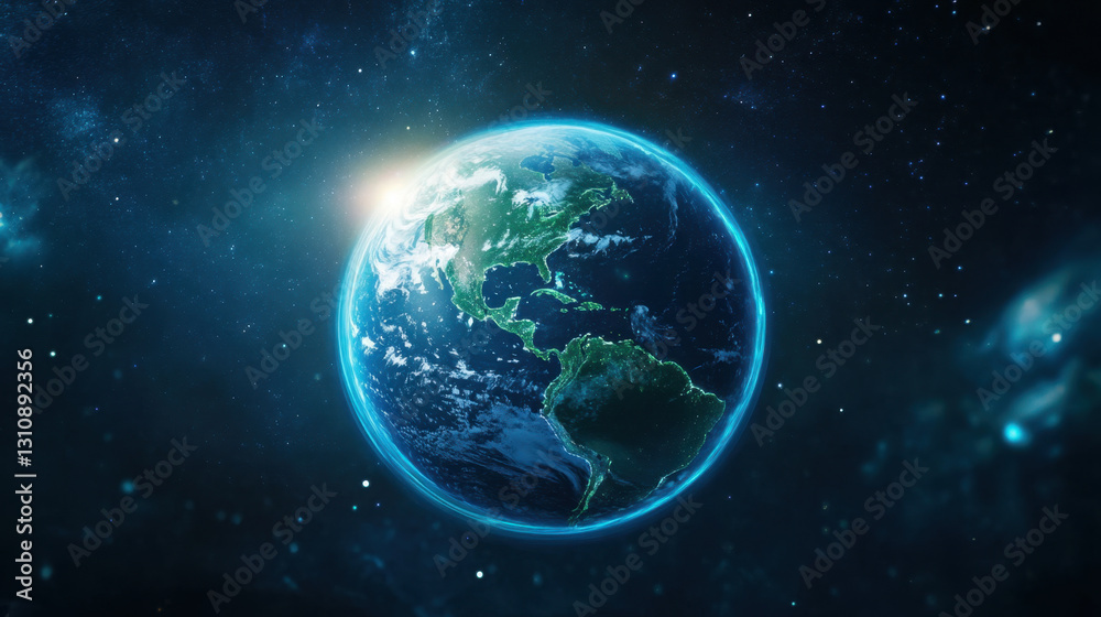 Earth is depicted in stunning view from space, showcasing its vibrant colors and atmosphere, with sunlight illuminating surface Earth is depicted in stunning view from space, showcasing its vibrant colors and atmosphere, with sunlight illuminating surface