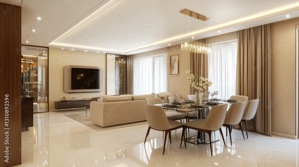 Modern, open-plan dining and living area with beige furnishings, a large TV, and stylish lighting fixtures. Modern, open-plan dining and living area with beige furnishings, a large TV, and stylish lighting fixtures.
