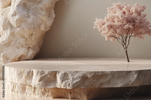 Natural Stone podium for display product. Background for cosmetic product branding, identity and packaging inspiration.