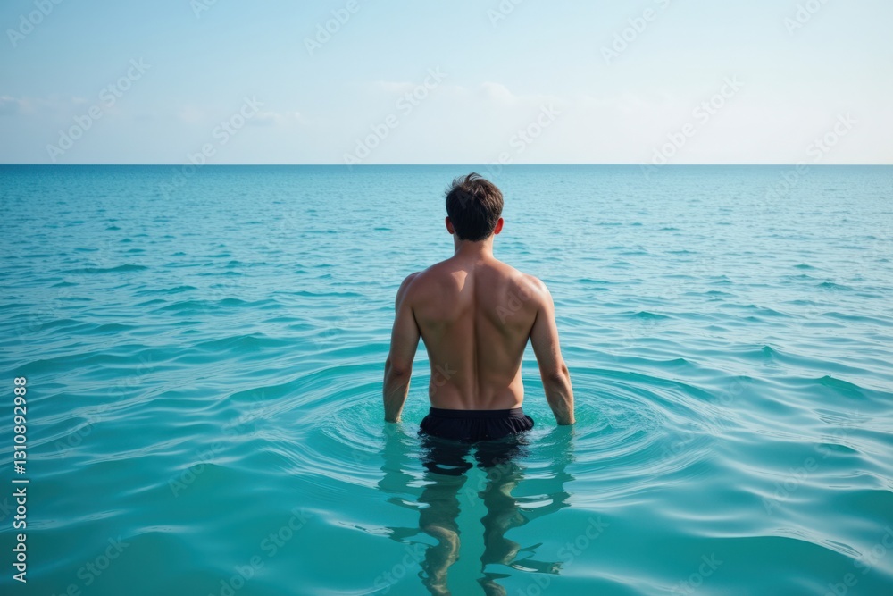 A Young Adult Male Standing in Shallow Turquoise Waters with a Calm Sea in the Background During a Bright Sunny Day on a Remote Beach A Young Adult Male Standing in Shallow Turquoise Waters with a Calm Sea in the Background During a Bright Sunny Day on a Remote Beach