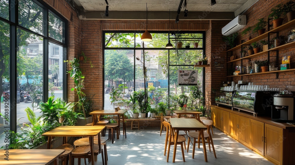 Fototapeta premium Nature-inspired caf with bamboo tables, plant decor, and comfortable seating.