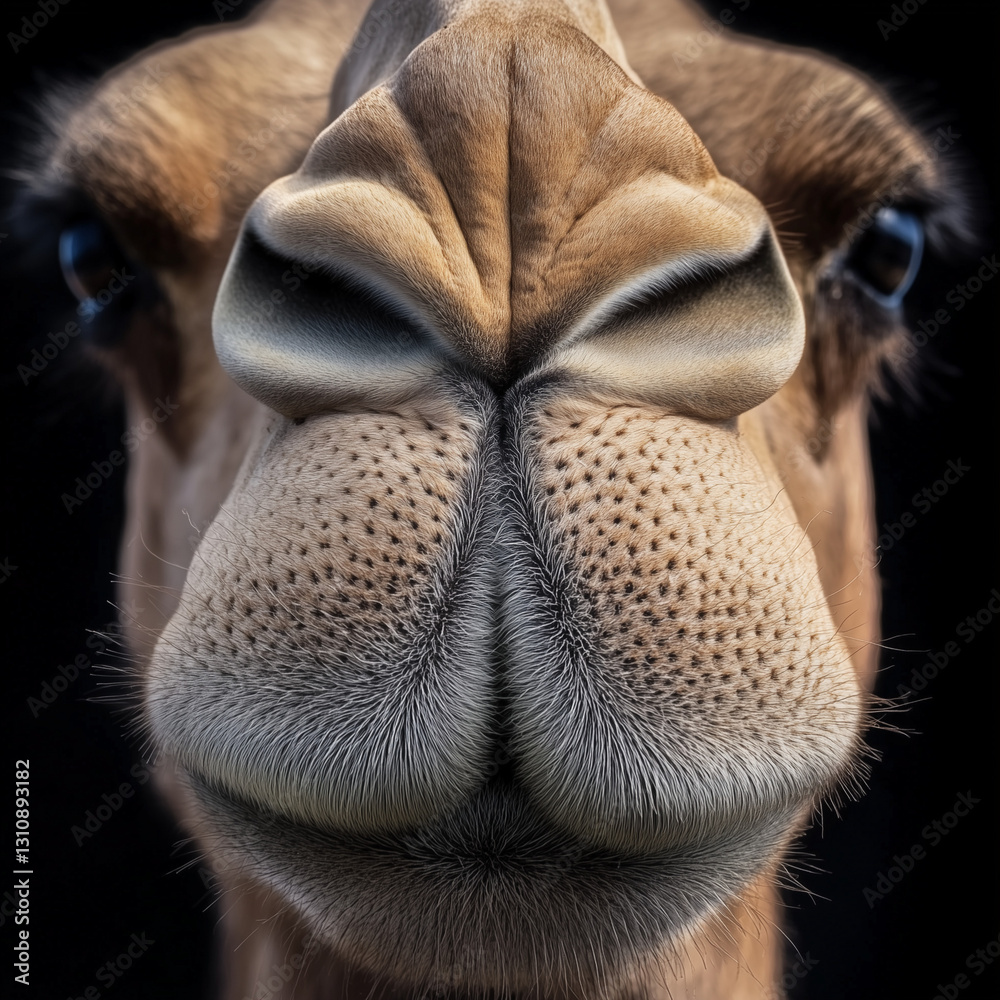 Obraz premium Macro shot of a camel's face with detailed nose texture and fur