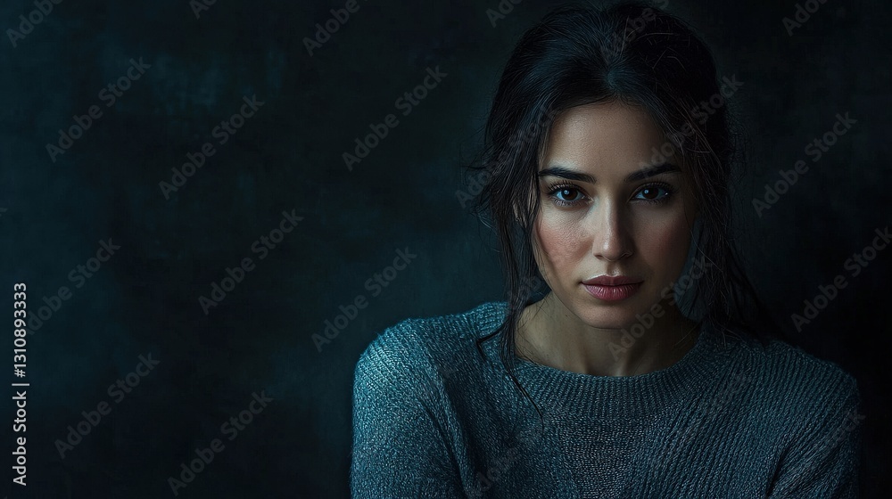 Intimate Portrait of a Young Woman in Soft Light with a Dark Background Intimate Portrait of a Young Woman in Soft Light with a Dark Background