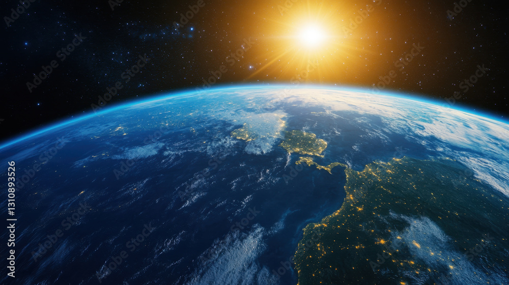 Fototapeta premium stunning view of Earth from outer space, showcasing planet curvature, illuminated by sun. vibrant colors of land and ocean create breathtaking scene