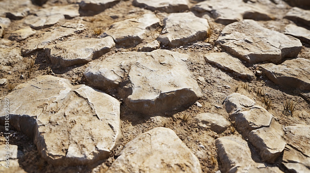 Fototapeta premium A close-up view of cracked, dry earth with large stones scattered throughout.