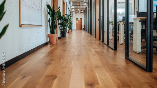Modern Office Interior with Wooden Flooring and Green Plants