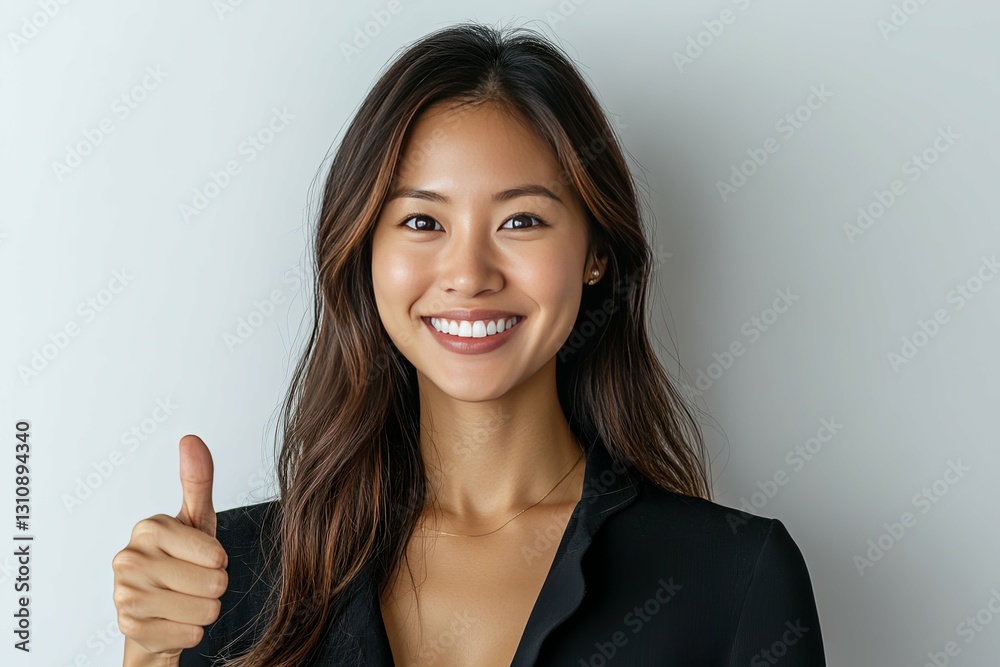 A young woman smiles while giving a thumbs up gesture A young woman smiles while giving a thumbs up gesture