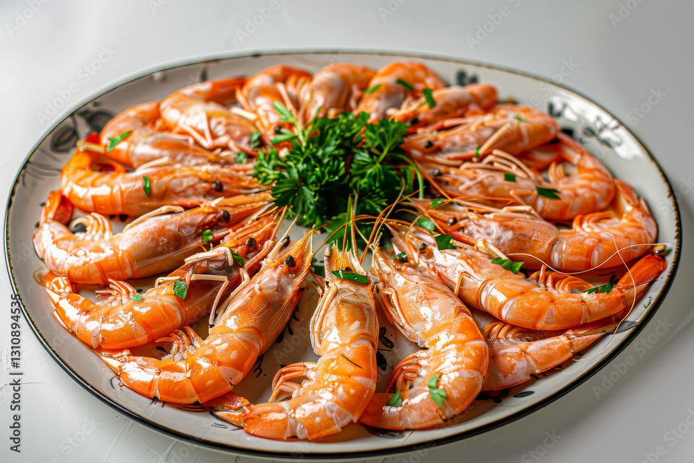 A beautifully arranged platter of cooked shrimp garnished with fresh parsley and herbs. The glossy seafood presentation highlights the rich orange hues of the shrimp, ready to be served. A beautifully arranged platter of cooked shrimp garnished with fresh parsley and herbs. The glossy seafood presentation highlights the rich orange hues of the shrimp, ready to be served.