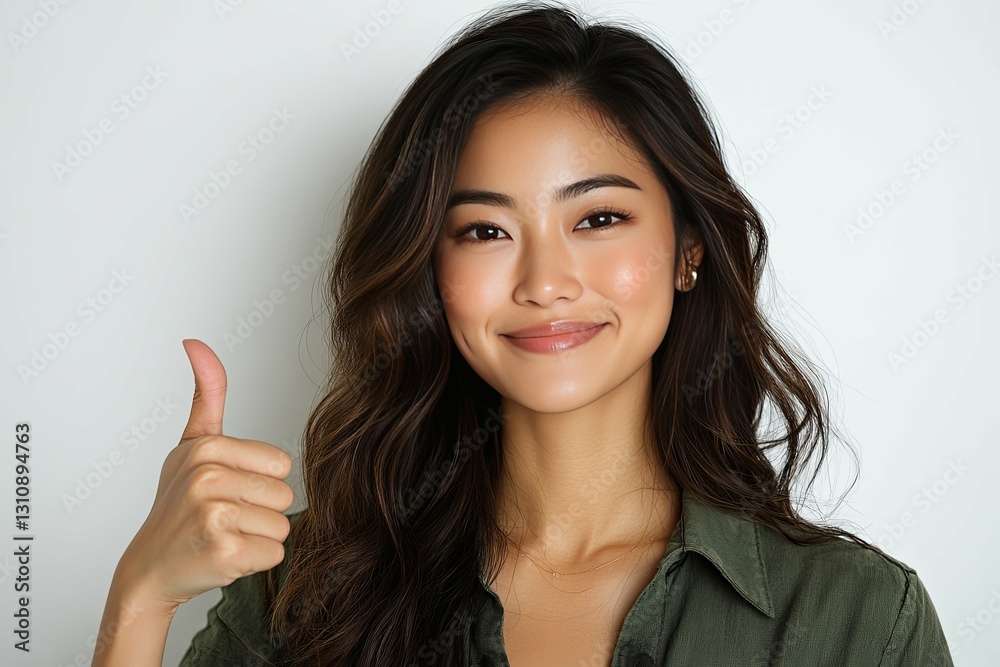 Beautiful young woman smiling with a cheerful thumbs up gesture Beautiful young woman smiling with a cheerful thumbs up gesture