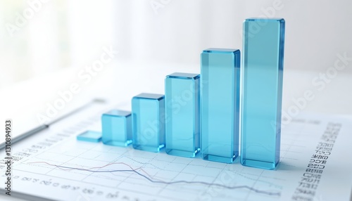3D rendering of data bar graph with upward trend made of blue glass material on financial paper sheet with line chart. Abstract statistic analysis, growth presentation for business.