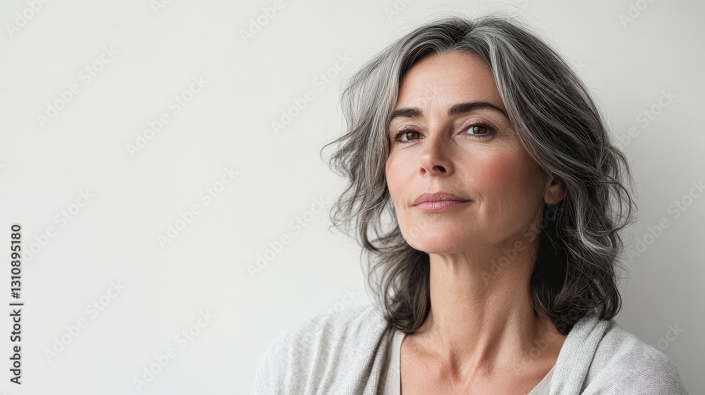 Naklejka premium Elegant Portrait of a Mature Woman with Beautiful Gray Hair and Natural Makeup
