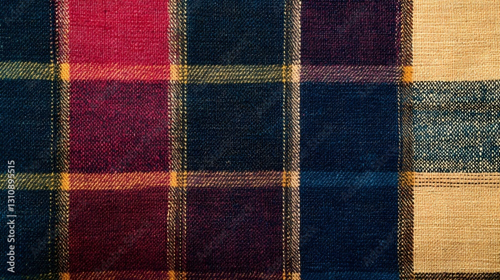 Fototapeta premium Tartan Fabric Close-Up: A detailed shot showcasing the texture and intricate pattern of a vibrant tartan fabric, bringing together a spectrum of rich colors.