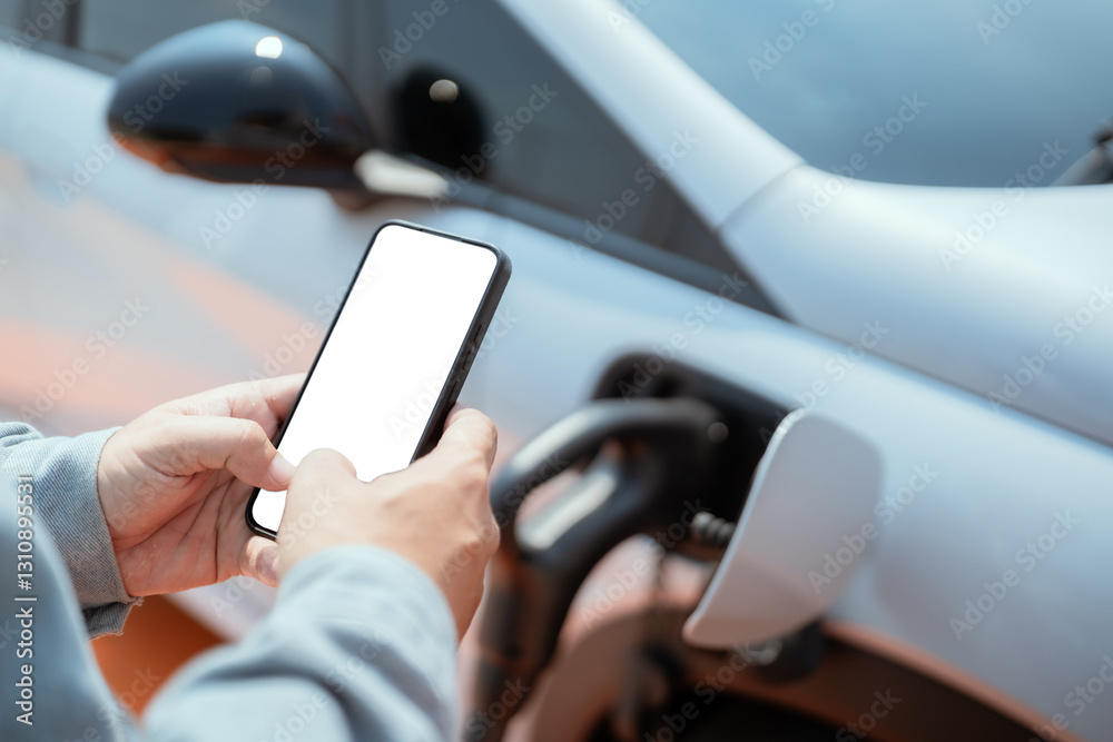 Driver using smartphone at electric vehicle charging station during early morning
