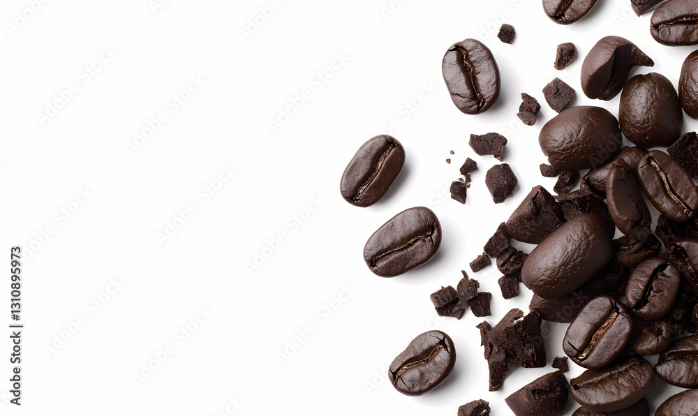 Fototapeta premium Freshly Roasted Coffee Beans and Ground Coffee on White Background