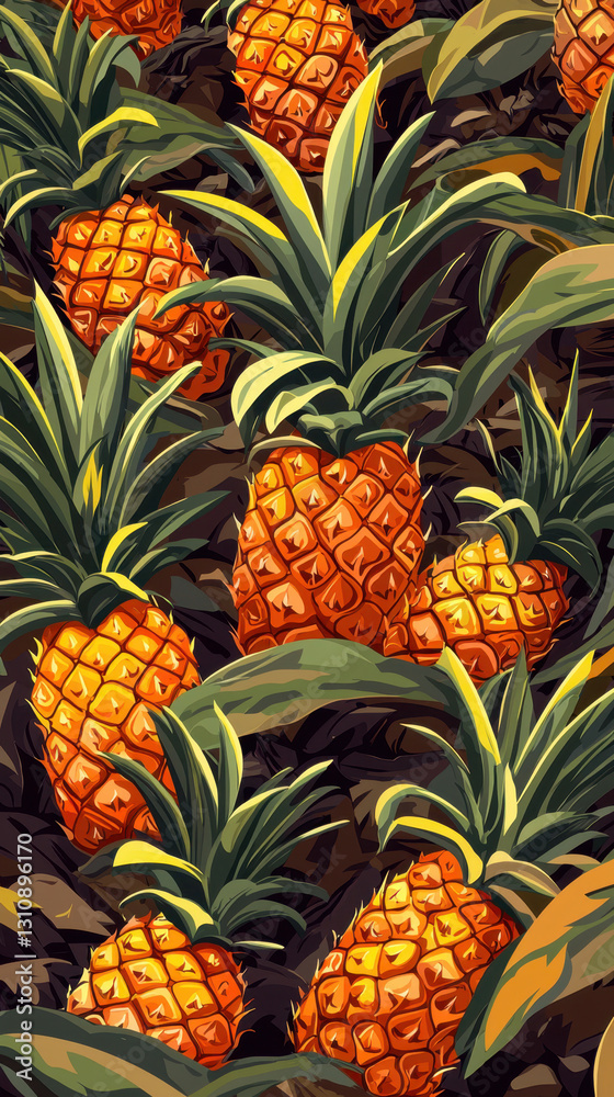 Lush pine tree with abundant green pine cones surrounded by a tropical pineapple plantation offering golden fruit Lush pine tree with abundant green pine cones surrounded by a tropical pineapple plantation offering golden fruit