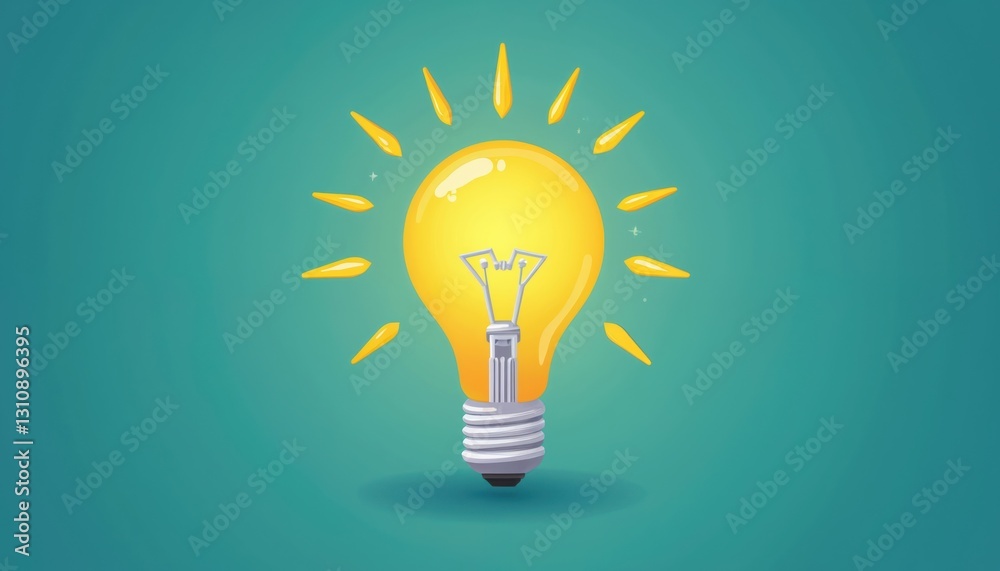 Illustration of light bulb emitting light rays. Symbolizes idea generation illuminating growth paths. Flat design style graphic on teal background for creative tech startup projects.