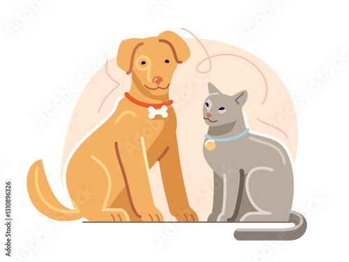 Dog and cat sitting together. Domestic pets, kitten with puppy friendly