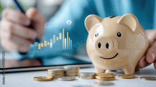 Piggy bank with graph showing financial growth and investment concept  Savings banking economy prosperity business earnings asset management