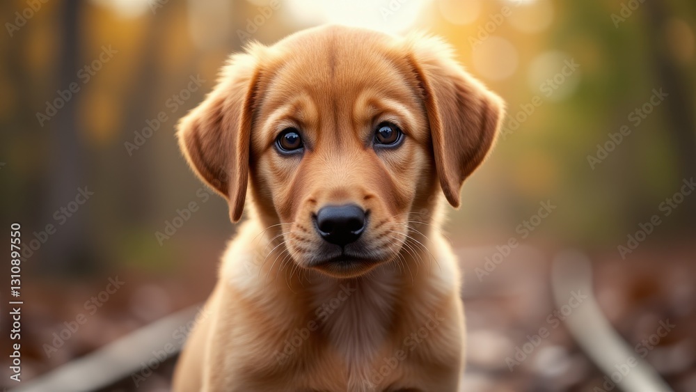 A red fox labrador puppy sits on a railway track with a blurred forest background. A red fox labrador puppy sits on a railway track with a blurred forest background.