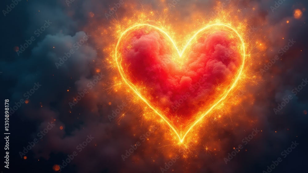 A glowing heart made of fiery light with a smoky background, resembling a religious heart painting. A glowing heart made of fiery light with a smoky background, resembling a religious heart painting.
