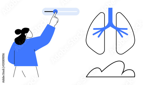 Woman adjusting slider, lung diagram with airways and alveoli. Ideal for health, respiration, medical care, diagnostics, healthcare technology, clinical research, flat simple metaphor
