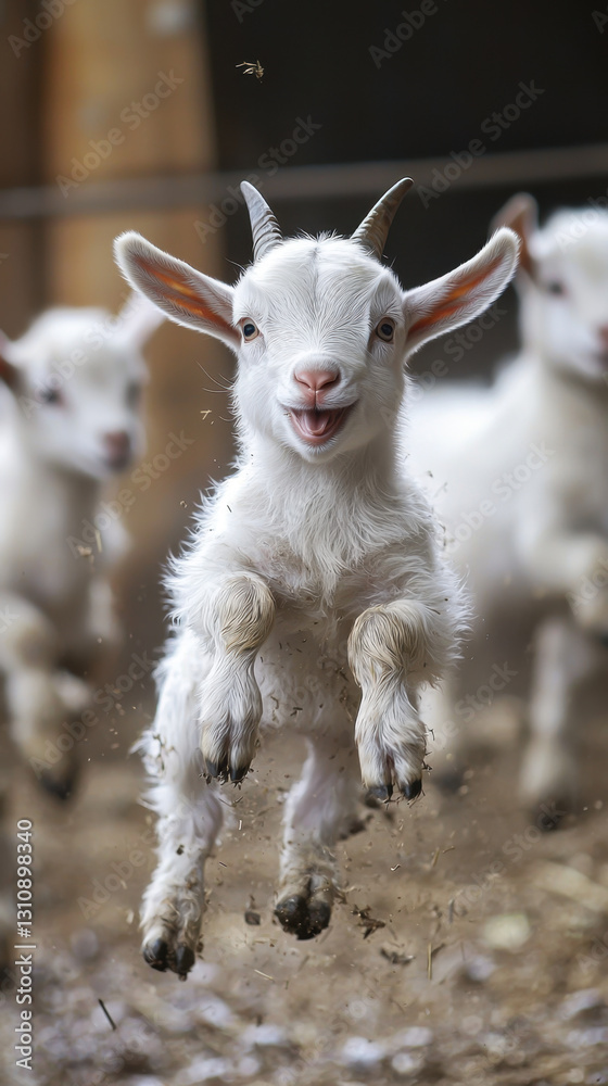 Adorable baby goat running playfully in the soft dirt of a serene farm setting surrounded by nature's beauty Adorable baby goat running playfully in the soft dirt of a serene farm setting surrounded by nature's beauty