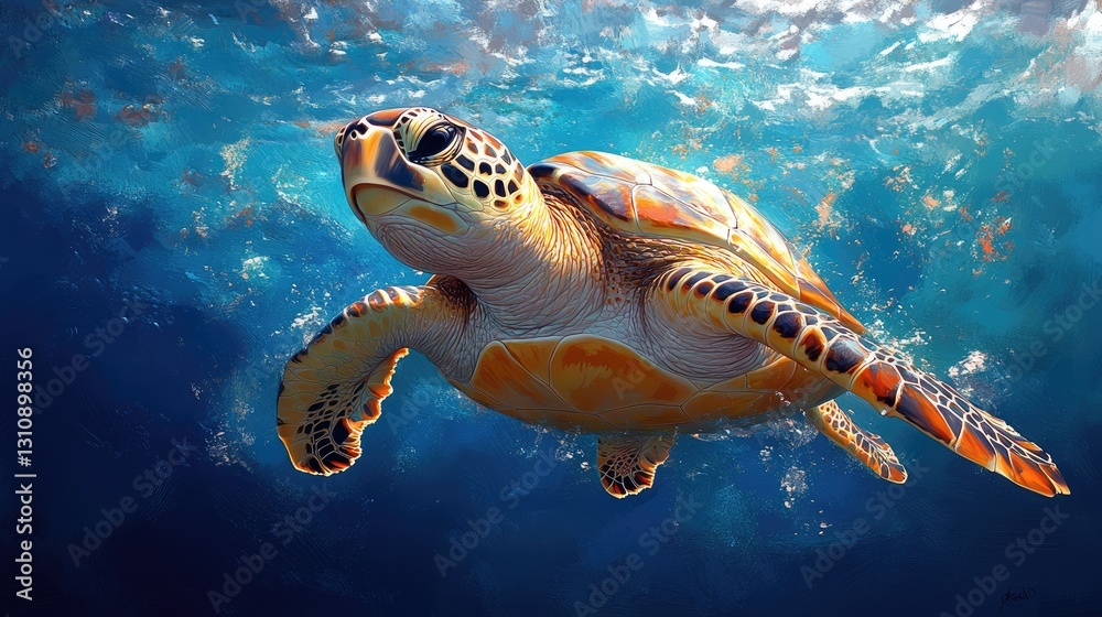 Fototapeta premium A vibrant, colorful digital illustration of a sea turtle swimming underwater against a geometric blue background.