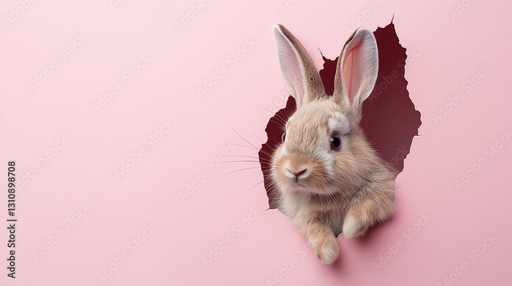 A bunny peeking through a hole in a pink background with colorful Easter eggs around it. AI Generated Images A bunny peeking through a hole in a pink background with colorful Easter eggs around it. AI Generated Images