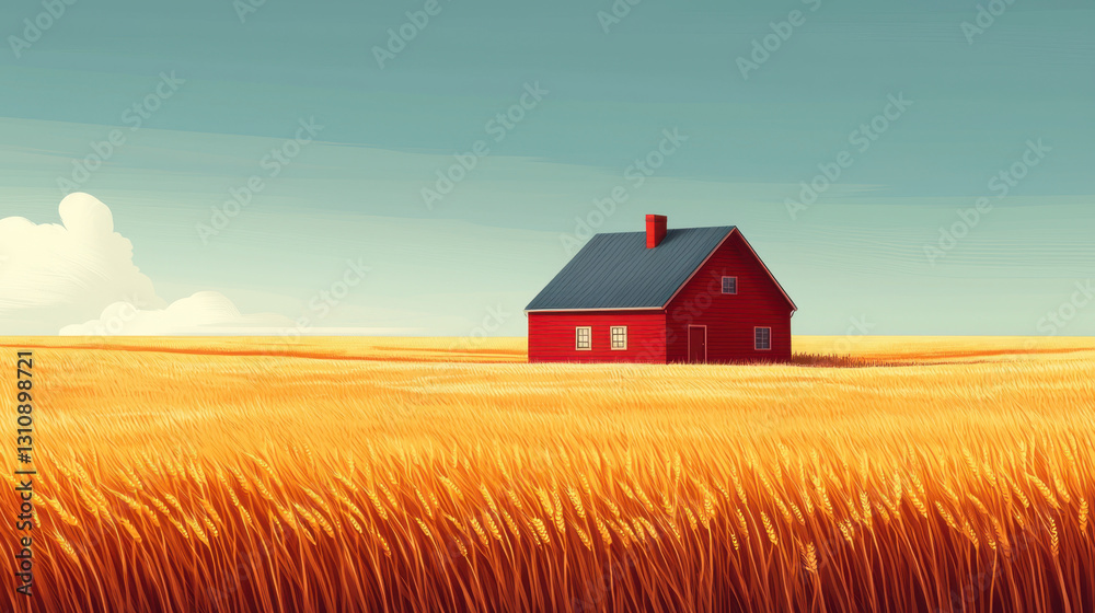 Charming red house surrounded by expansive wheat field under a brilliant blue sky in a picturesque countryside setting Charming red house surrounded by expansive wheat field under a brilliant blue sky in a picturesque countryside setting