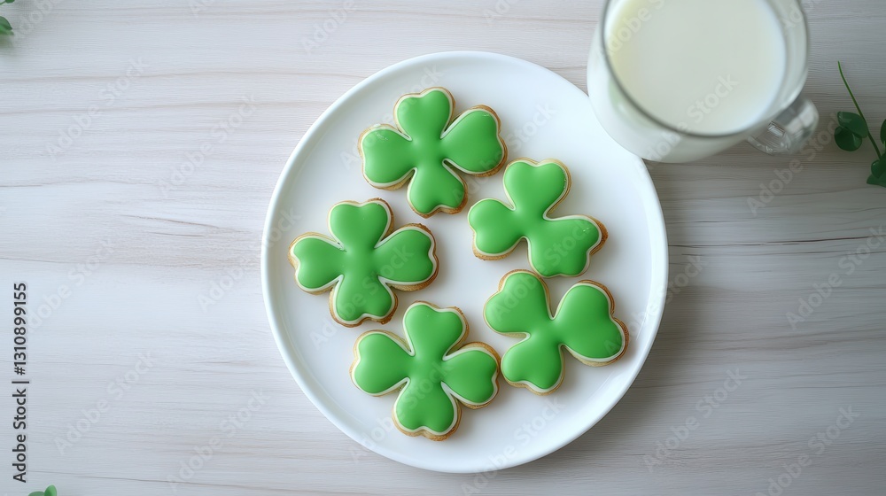 Four clover cookie on plate,glass of milk and biscuit ,Lucky clover leaves,Patricks day watercolor clipart,Spring flower pattern,St. Patrick s day seamless pattern. Four clover cookie on plate,glass of milk and biscuit ,Lucky clover leaves,Patricks day watercolor clipart,Spring flower pattern,St. Patrick s day seamless pattern.