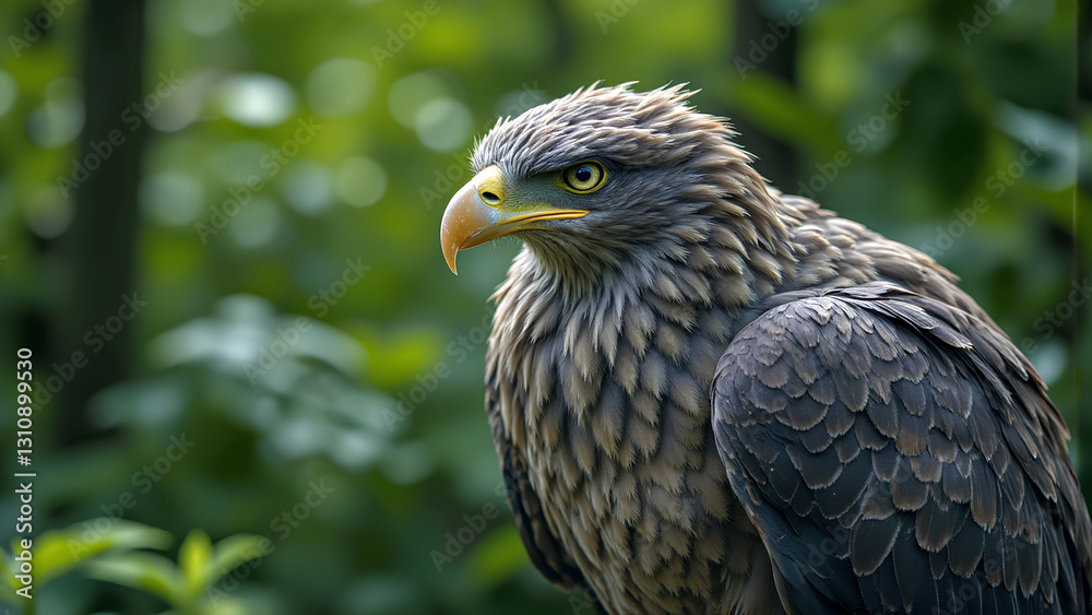 Fototapeta premium Majestic eagle perched amidst lush greenery, showcasing its sharp gaze and powerful presence. vibrant background enhances bird striking features and natural beauty