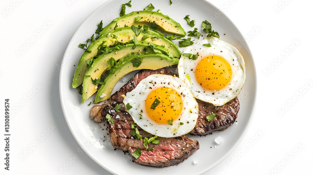 Modern Health Conscious Breakfast Featuring Eggs, Avocado, and Steak on a White Plate Modern Health Conscious Breakfast Featuring Eggs, Avocado, and Steak on a White Plate