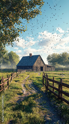 Scenic view of a traditional farm featuring a barn and fenced area with lush greenery surrounding the peaceful landscape