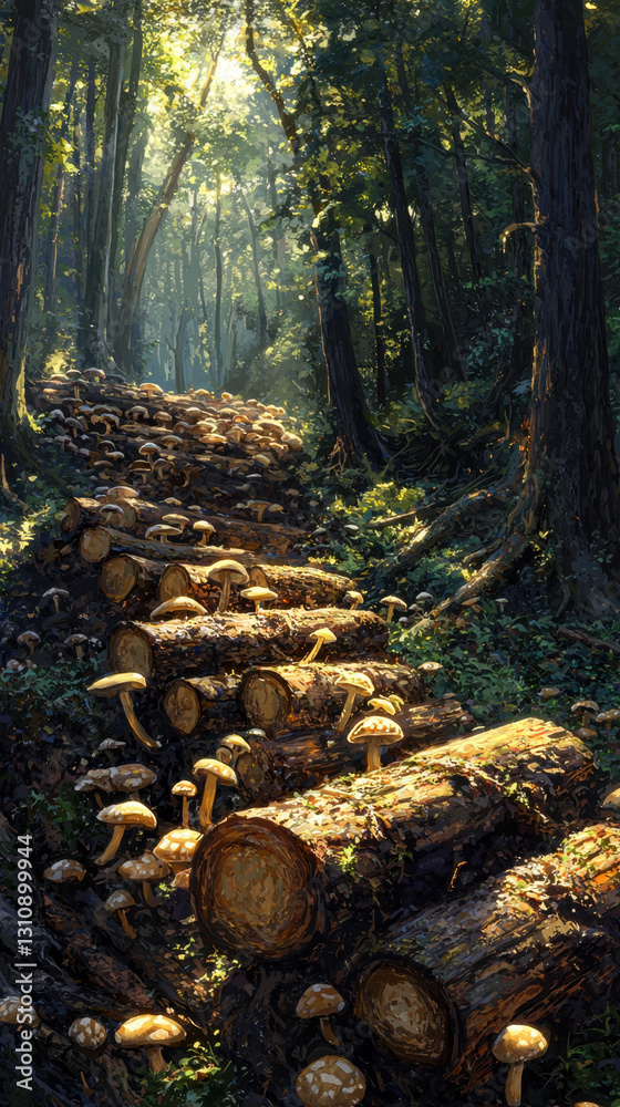 Obraz premium Lush green forest with towering trees and a vibrant organic mushroom farm nestled among neatly stacked wooden logs