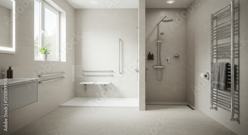 Accessible Walk-in Shower Design with Seat and Grab Bars for Safety