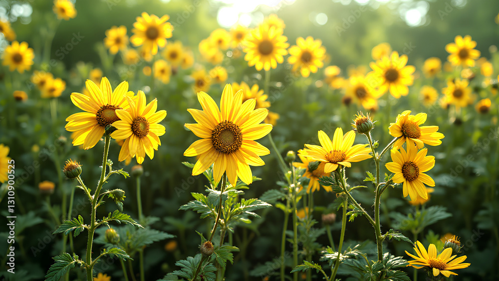 Bright sunflowers bloom in vibrant field, showcasing their yellow petals and green leaves under warm sunlight. scene evokes sense of joy and tranquility