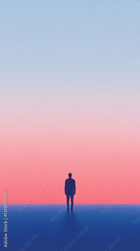 A solitary figure standing on a textured blue and pink gradient A solitary figure standing on a textured blue and pink gradient